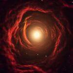 An illustration of a red spiral tunnel in space with a bright light at the end